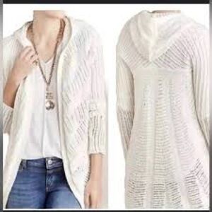 Anthropologie Moth Women's Off White Hooded Crochet Open Front Cardigan Medium